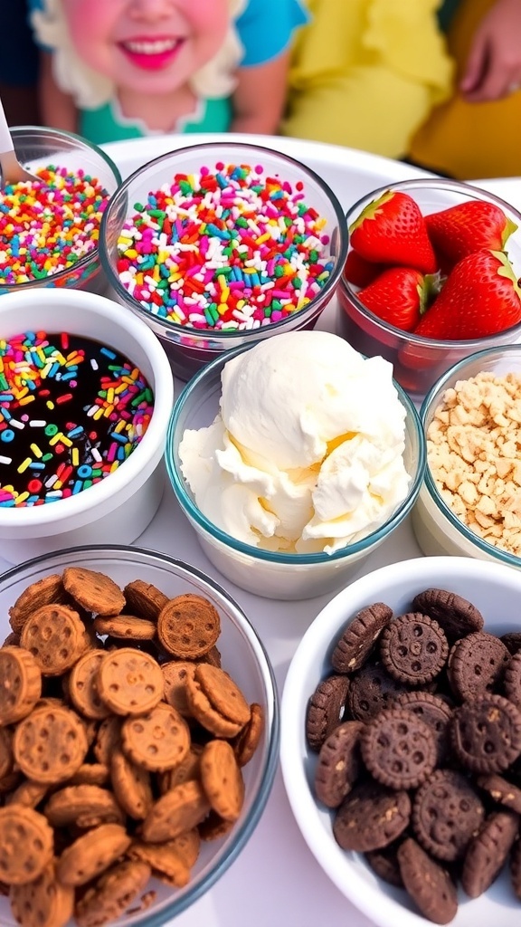 Delicious Ice Cream Toppings Guide An assortment of ice cream toppings including sprinkles, chocolate syrup, fresh fruits, and crushed cookies.